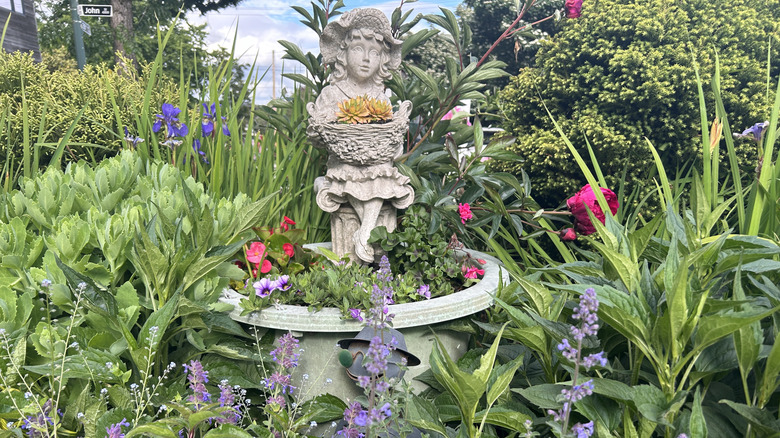 A rambling cottage garden with lots of different plants and a birdbath in the center, also filled with plants