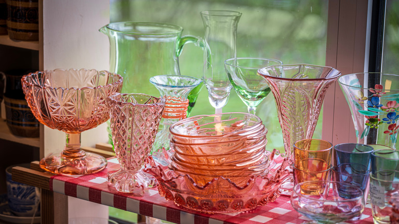 Colorful display of depression glassware