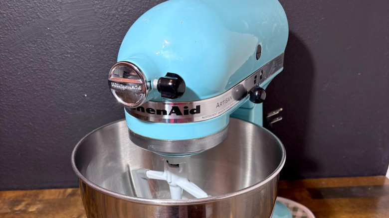 A light blue vintage KitchenAid mixer.