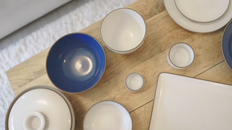 array of blue and white vintage Heath Ceramics