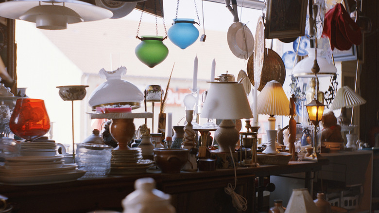 An assortment of lamps in a thrift store window