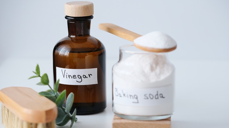 Glass jars of vinegar and baking soda