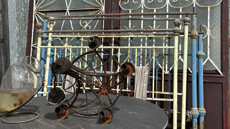 Vintage metal bed frames at an antique store