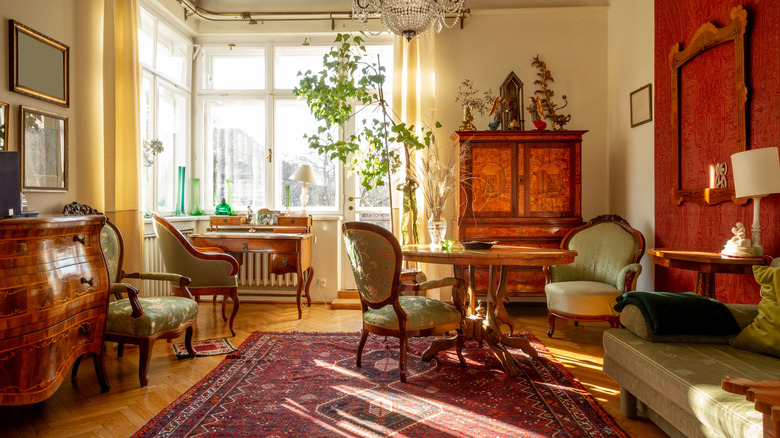 Living room with antique bureau, desk, and dresser