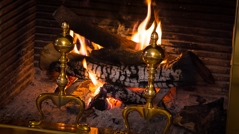 Two metallic andirons hold up logs in a burning fireplace.