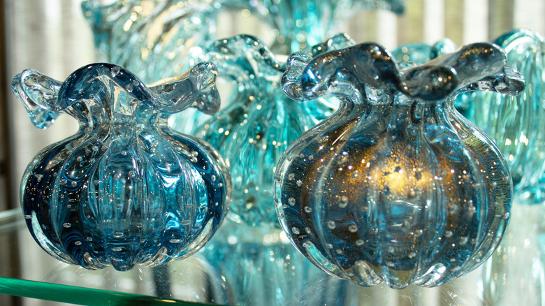 Blue Murano vases with visible glass bubbles