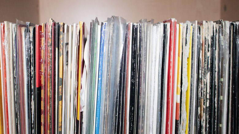 Old vinyl records packed tightly together.