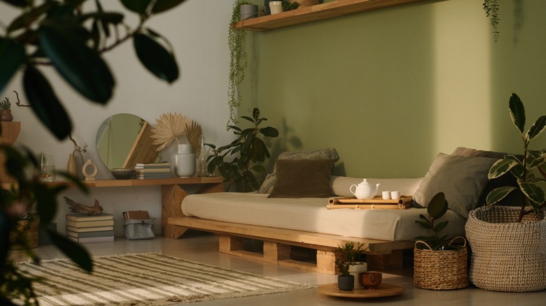 A living room features natural fibers, calming colors, and houseplants as part of wabi sabi decor.