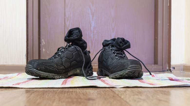 A pair of black shoes and dirty socks sitting on a towel on the floor
