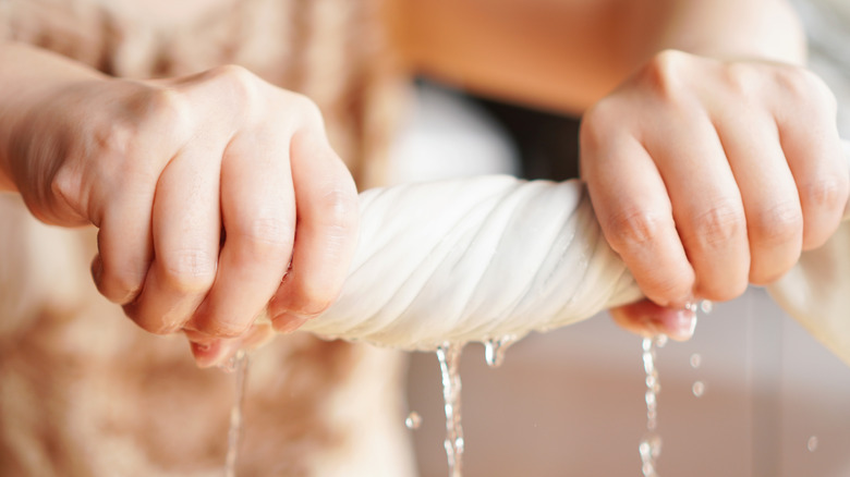 Close-up of a person's hands wringing out a wet cloth