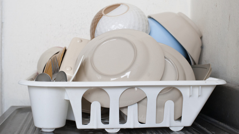 Dishes drying on plastic dish rack