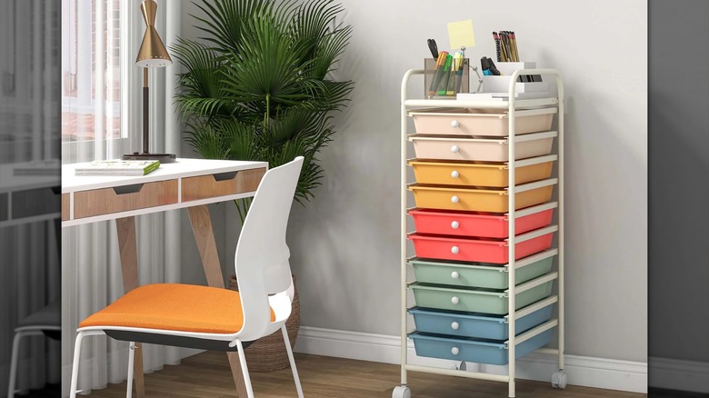 Colorful drawer cart in office.