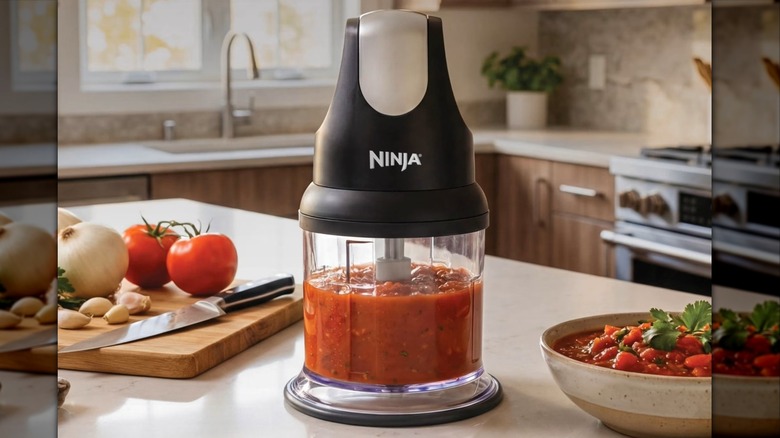 Ninja Express Chop on kitchen counter with produce and fresh salsa