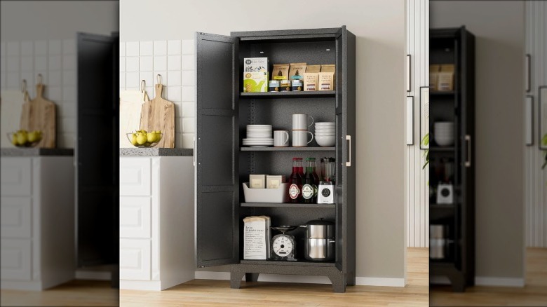 A mid-sized metal storage cabinet in a kitchen