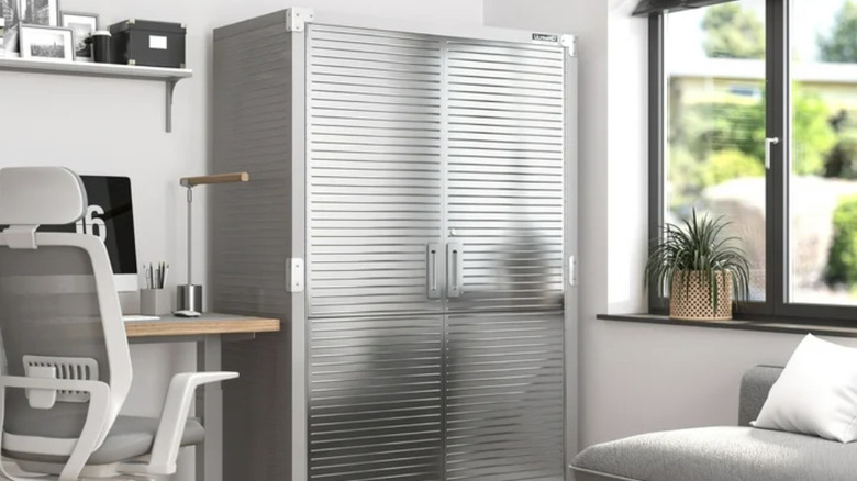 A stainless steel storage cabinet in an office