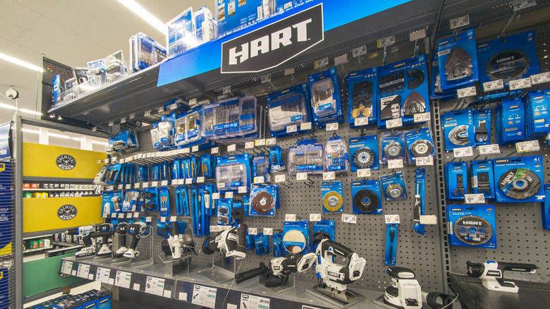 An aisle of Hart tools at Walmart
