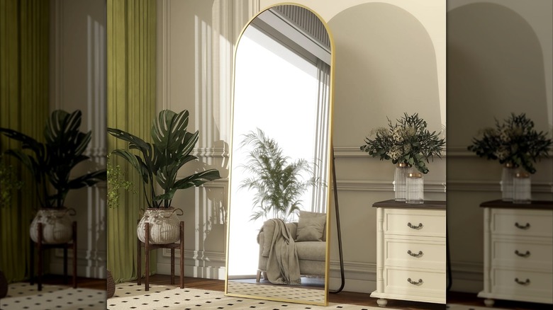 A full length arched standing floor mirror is surrounded by houseplants in a neutral living room