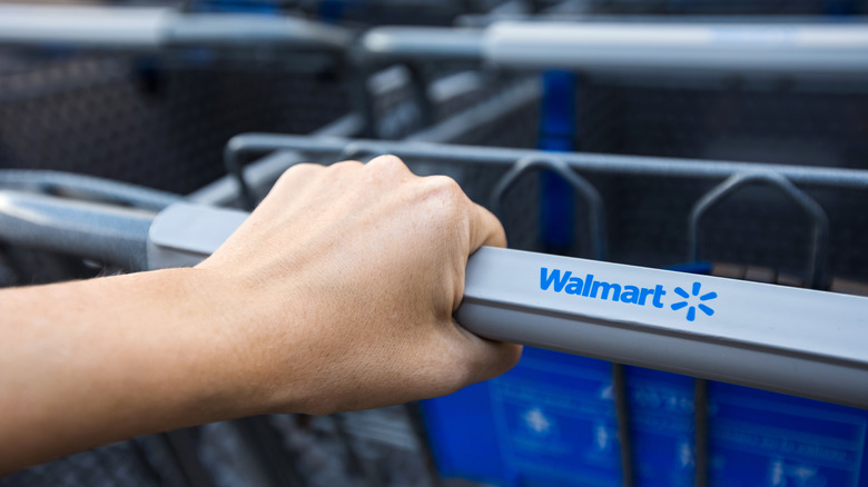 A person holds a shopping cart that says "Walmart" on the handle