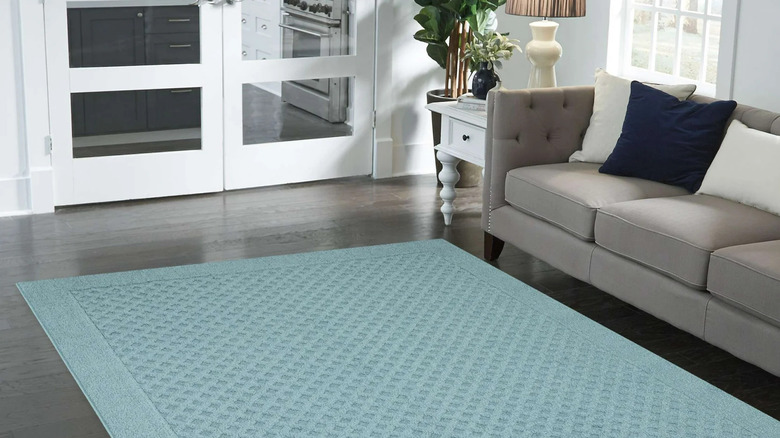 A light blue area rug lays in front of a sleek gray sofa