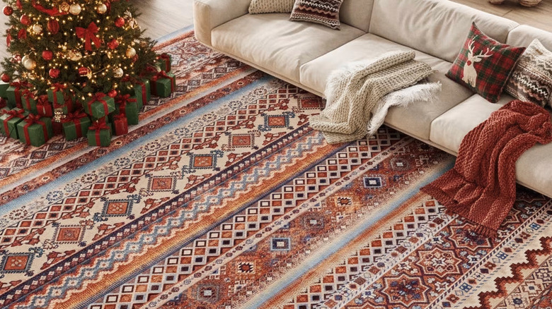 A colorful SIXHOME rug anchors a living room decorated for Christmas