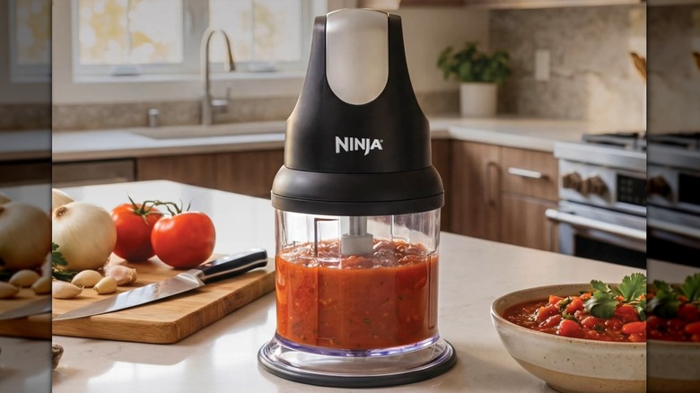 Ninja Express Chop on kitchen counter with produce and fresh salsa
