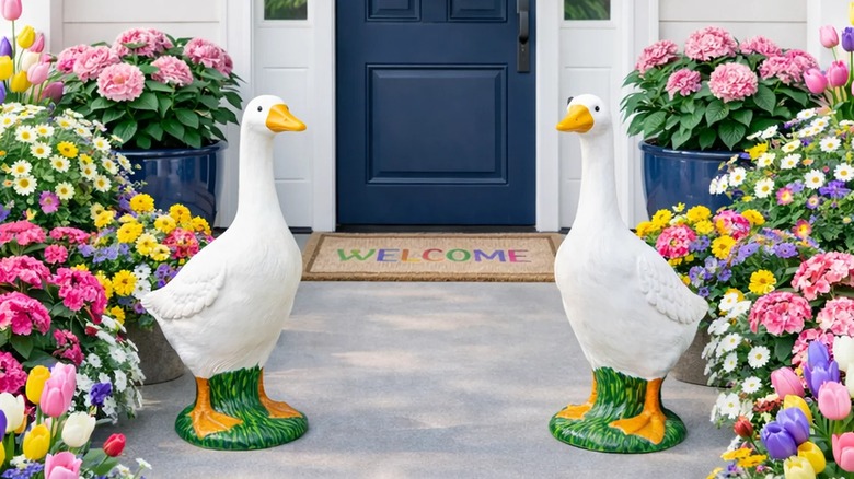 Two porch geese surrounded by flowers near a front door
