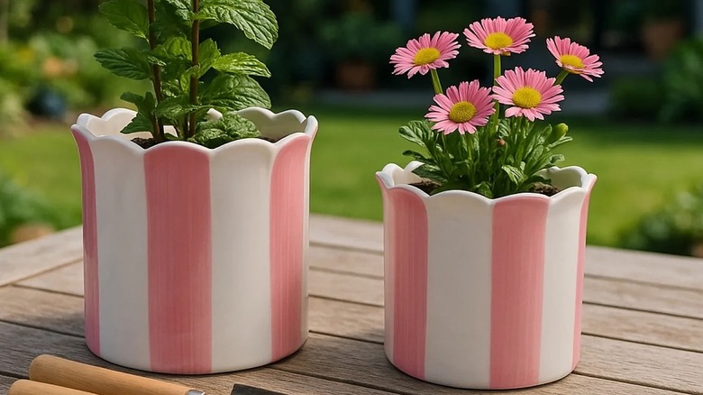 Two ceramic pink striped planters on top of a wooden table outside