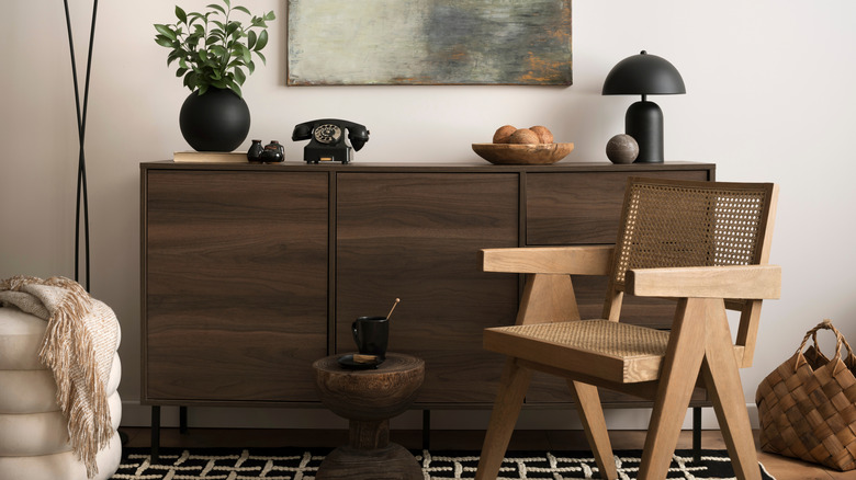 Rattan chair with wood sideboard