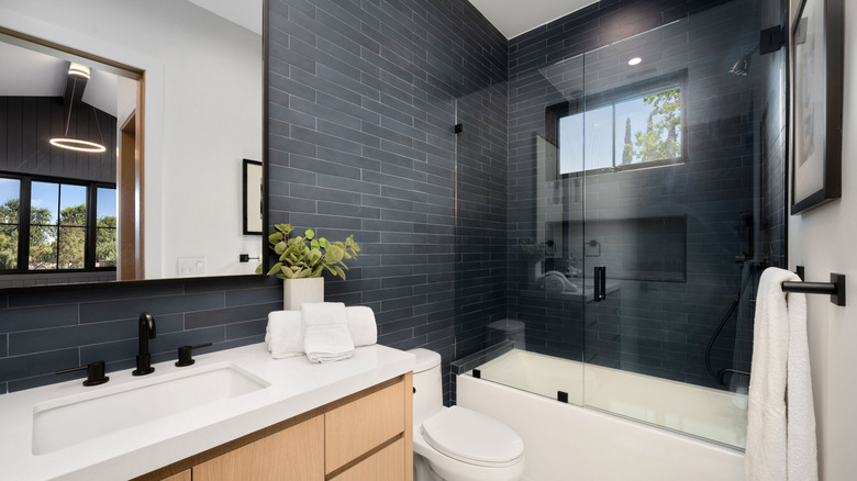 A modern bathroom with a black-tiled shower with a high window