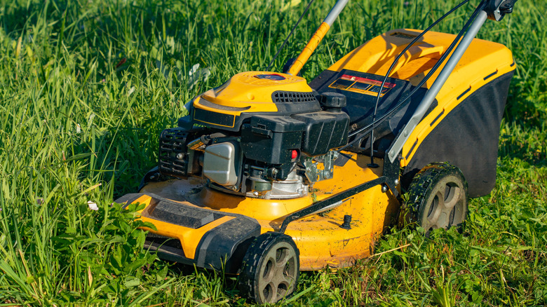 Yellow lawn mower in grass