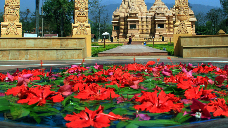 A pond full of red hibiscus in front of ancient buildings