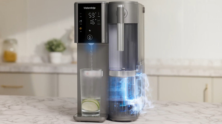 A white Waterdrop Filter filtration system sitting on the counter