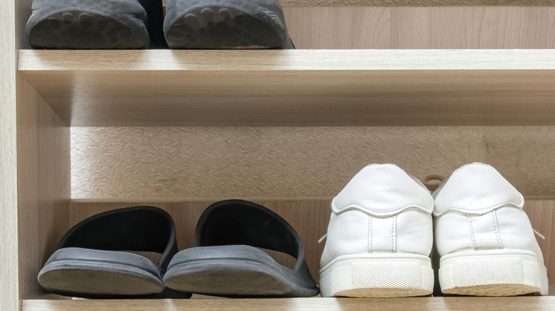 Zoomed in image of shoes on shoe rack