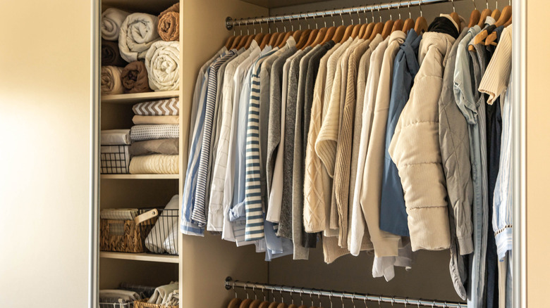 Organized closet with two hanging rods and shelves