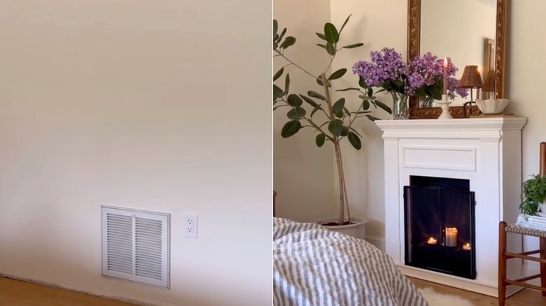 Two images showing a vent before and after it was covered with a fireplace surround