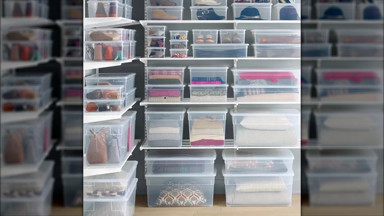 Clear storage containers on shelves