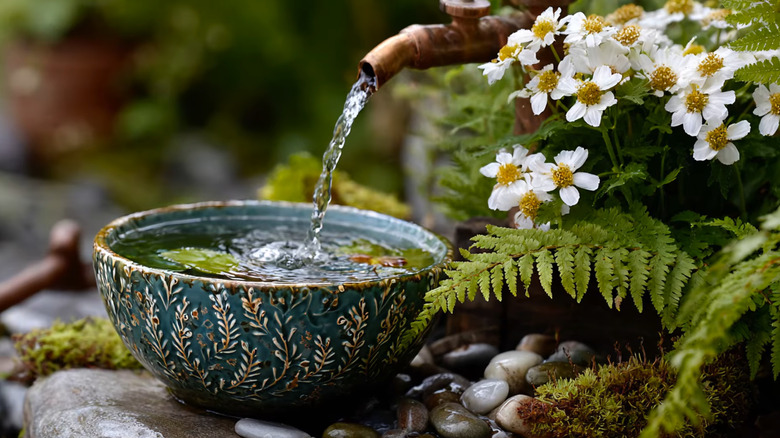 Old faucet and painted sink with wet pebbles and plants