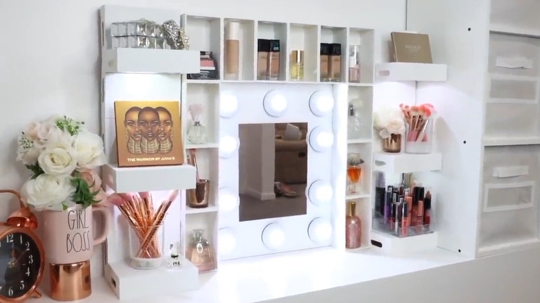 Wood vanity made from small crates and LED lights