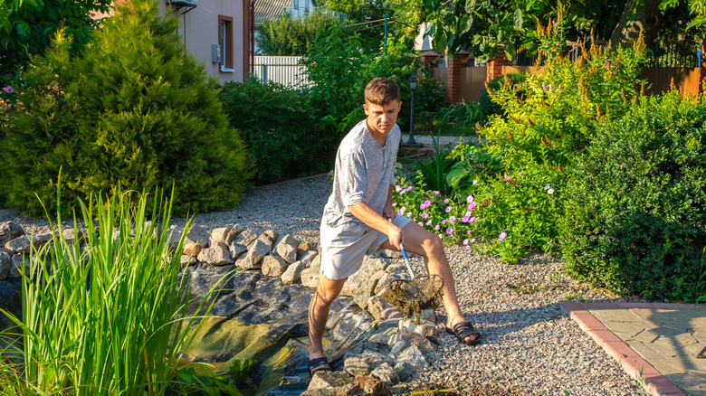 A homeowner scoops muck from their garden pond with a net made from a a wire clothes hanger.