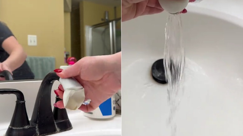 Split images left side showing someone putting a balloon on a sink faucet, right showing them controlling the direction of the water flow with the balloon