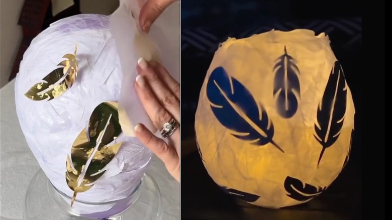 Split images with left side featuring someone making a lamp from a balloon and right side featuring the lamp illuminated