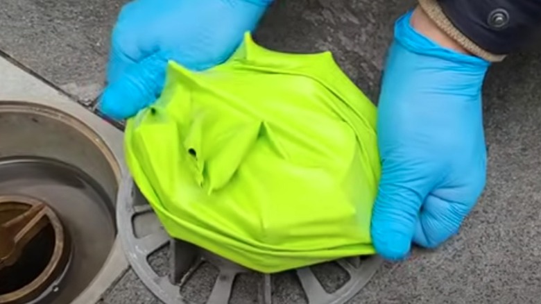 Person putting a green balloon over a drain to keep cockroaches out