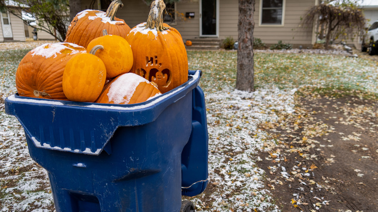 old pumpkins in blue trashcan