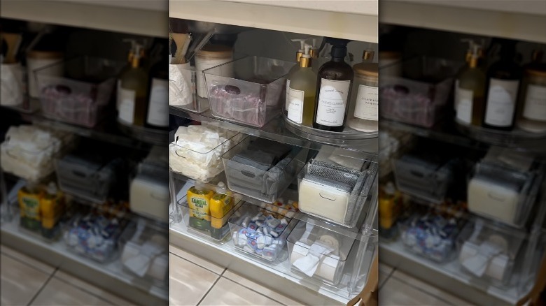 Screenshot of a TikTok video showing a shelving system beneath a kitchen sink.