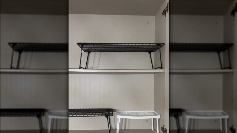 Screenshot of a TikTok video showing how to use single-level shoe racks in kitchen cabinets.