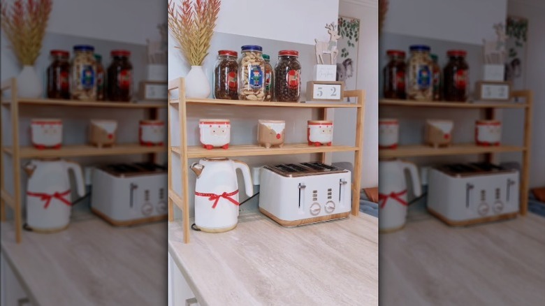 A before and after showing a wooden shoe rack turned into a countertop Christmas display.