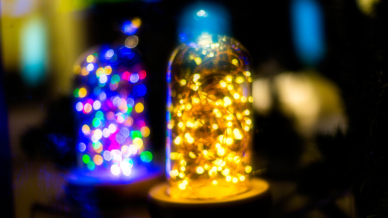 Colorful fairy lights under glass domes