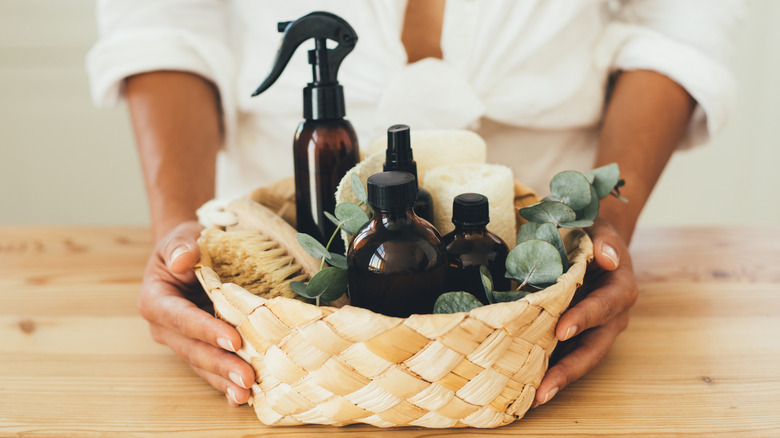 Wicker basket with eucalyptus products