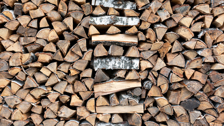 Stacked firewood with birch logs sideways facing out.