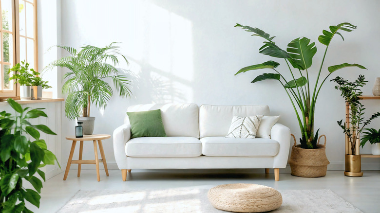 Living room with white sofa natural lighting and green plants